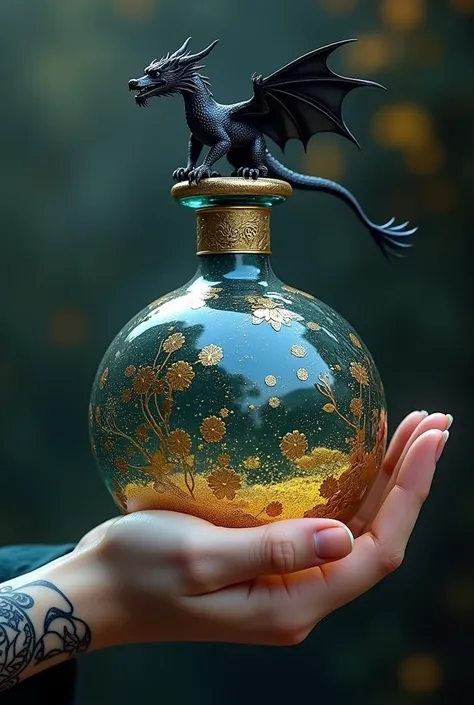 A deep blue crystal flask decorated with finely chiselled Asian gilding and a black dragon with spread wings ,  inside this flask is fine gold dust and this flask is in a female hand tattooed with fine black flowers