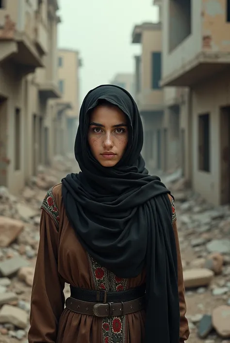 A young woman from Gaza ,  dressed in traditional Palestinian garb,  stands in front of a destroyed house . The surrounding area shows signs of destruction,