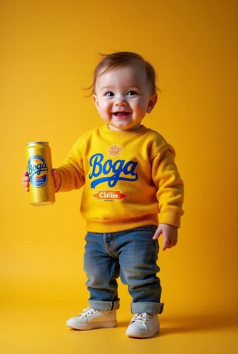 Une photographie en ultra haute qualité (8K) dune adorable bébé de 1 an avec un sourire éclatant et un air joyeux. Elle porte un pull jaune vif, avec le logo "Boga Cidre" imprimé de manière réaliste et ultra-détaillée sur le devant du pull, le logo de la m...