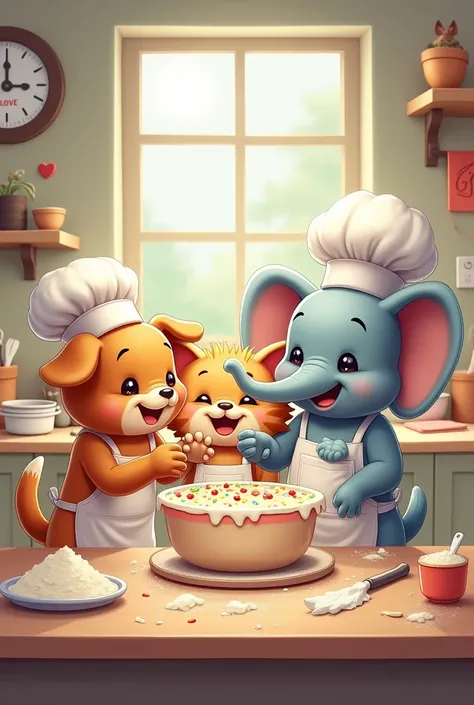 A dog and a cat and an elephant are having fun making a cake are 3 characters
