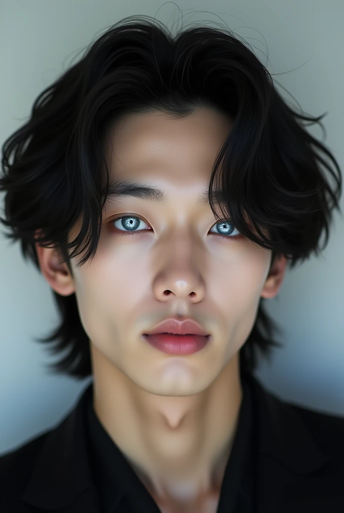  Image of a Korean man with semi-long black wavy hair, Silver-colored right eye and sapphire-colored right eye, without mustache 
