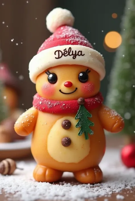 Crée un bonhomme en pain dépices  kawaii avec bonnet de Noël écrit Délya sur le bonnet 