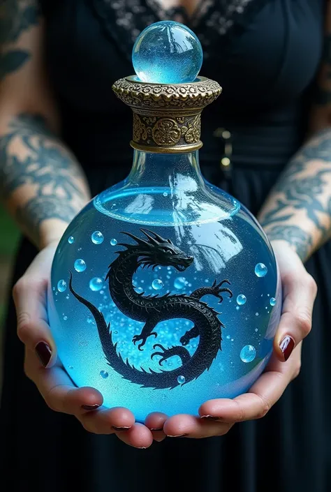 A deep blue crystal flask decorated with finely chiselled Asian gilding and inside this flask a black dragon surrounded by fine blue bubbles, and this flask is in a female hand tattooed with fine black flowers.