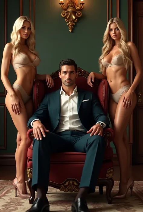 Two sexy blonde girls dressed in a bra and panties stand next to a man in a suit who is sitting on a luxury chair and act as his bodyguards 