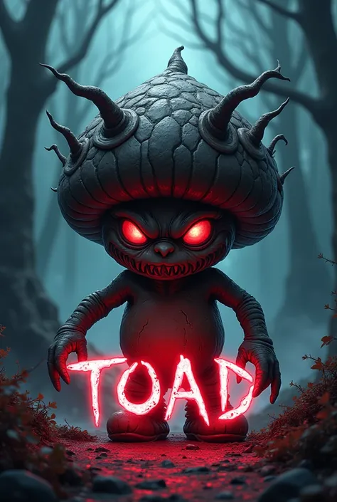 Toad from Mario in an evil villain version with Toad spelled in fluorescent 