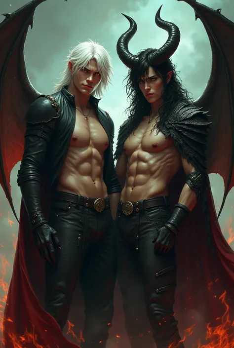 Two demon kings. Lucifer with white hair and red eyes. Beelzebub with black hair and green eyes. Both fit. Both sexy. Both young adult.