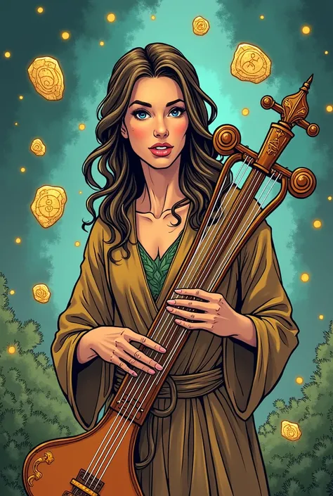 Hand draw American comic style a Druid who plays the lyre with shiny stones of symbols floating around her