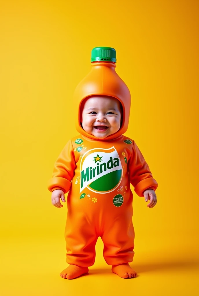 Create an ultra-realistic 8K photo of a one-year-old baby standing in the center of the frame, smiling joyfully, and wearing a costume designed as a bottle of Mirinda soda. The costume should prominently feature the vibrant orange color of the Mirinda bran...