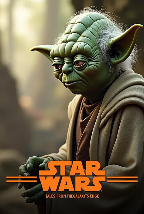  An elderly Yoda on the right side of the title with orange letters Star Wars and the caption with black letters and a single straight orange stripe. The subtitle should be : "Tales from the Galaxys Edge "
 the image should be horizontal ,  the full body Y...