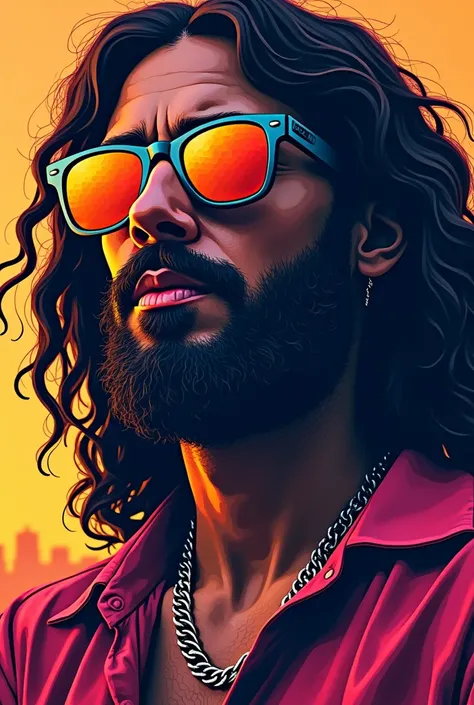 ,  close-up of a man wearing sunglasses and beard, album cover,  inspired by Victor Moscoso  , tumblr,  funk art , Cyberpunk Jesus Christ,  gigachad jesus ,  Jesus Christ smokes a joint ,  Jesus spends time in  ,  Jesus Christ becomes a Supersaiyan , preda...