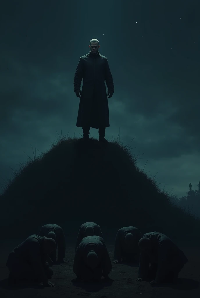 A man standing on a hill about 2 meters above the ground looks angrily at 10-15 men standing below him and bowing to him (its dark)