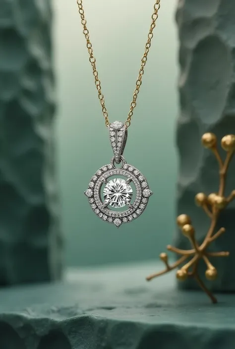 Create a logo depicting a silver and diamond pendant without chain for a semi-jewelry brand with the name BAKARI, use 50% cor verde, 30% gray color and 20 %  gold color as color palette  