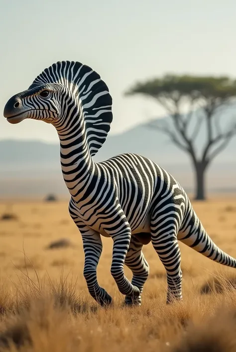 Parasaurolophus + zebra
" Imagine a Parasaurolophus with the striped and striking pattern of a zebra .  Its long, curved crest is adorned with black and white stripes ,  and its body is elegant and made for speed .  Its legs are strong and its body has the...