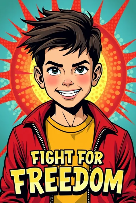 "Create a retro pop art-inspired illustration with a young boy as the central figure. The boy should have exaggerated comic book-style expressions, such as a confident, rebellious smile or a determined gaze. His outfit should feature bold colors, like a re...