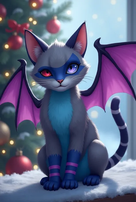  Anthropomorphic male cat,  beautiful, friendly, sad at Christmas , gray fur,  with a blue belly ,  blue spot on my face as if it were a mask ,  purple front legs , blue hind legs , with blue stripes on the arms , with bat ears,  with a little blue ear wit...