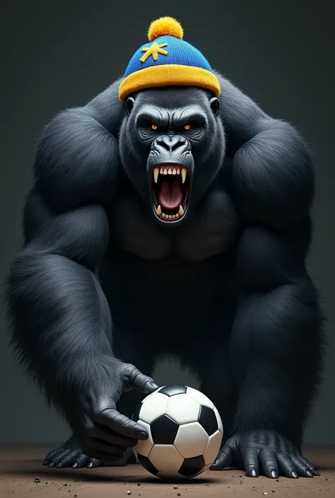 An angry black gorilla  , with a blue and yellow pichi cap and a soccer ball with a black background
