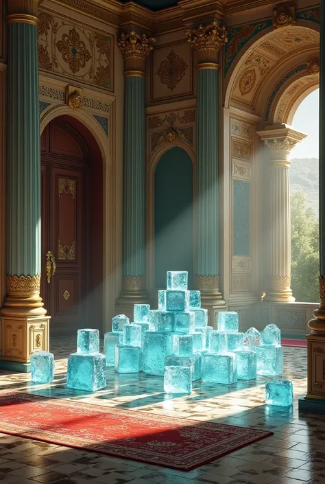 A room in the palace of the Persian Empire with some ice cubes in the corners to refresh the environment 