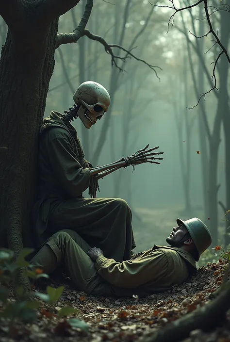 The forest after an arrow , sits a skeleton in clothes with his hand against sitting a man in military uniform and uniforms reaches out to the skeleton 