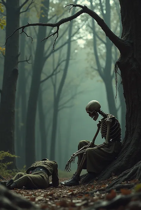 The forest after an arrow , sits a skeleton in clothes with his hand against sitting a man in military uniform and uniforms reaches out to the skeleton