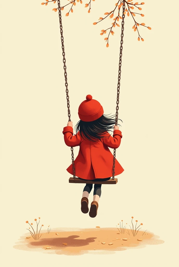 T-shirt print of a  girl with her back in a red coat and a red cap playing on the swing with a simple background