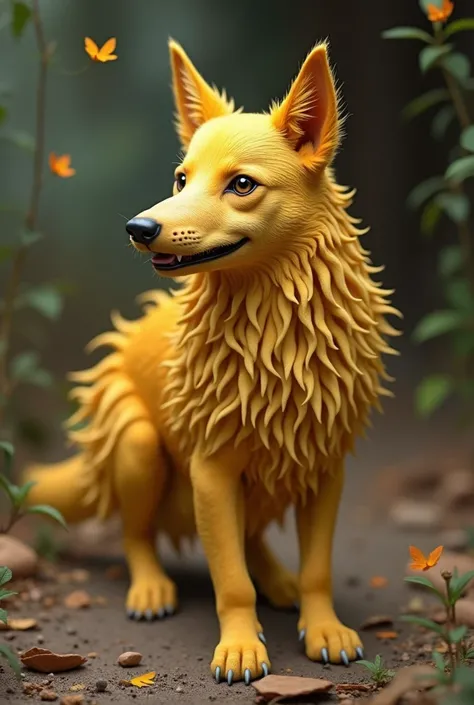  A mix of golden retriever and small Andalusian podencus. It has golden yellow hair , long and wavy.  Its ears are straight and it has an elongated snout .