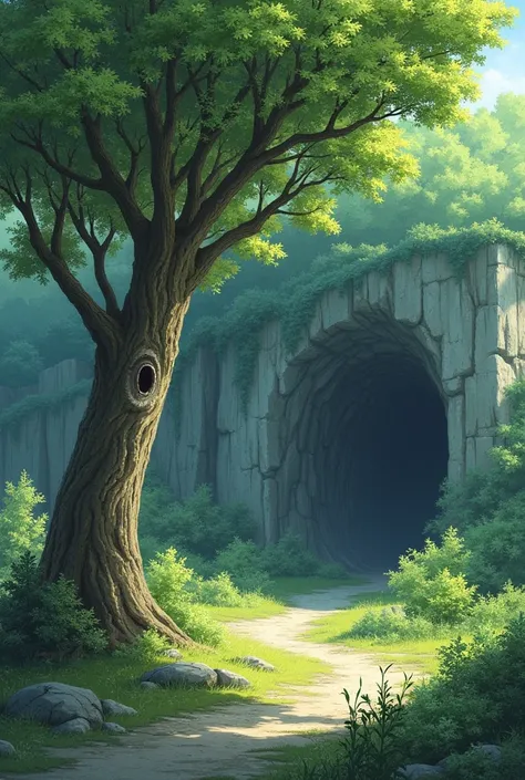  High resolution , illustration，forest，Tree， Side View ，Outside the cave