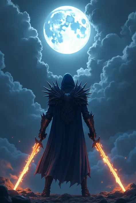 Digital fantasy artwork featuring a cloaked warrior standing on rocky terrain under a dramatic night sky. The central figure is clad in dark, intricately detailed armor with sharp, angular spikes on the shoulders and gauntlets. The armor is a deep blue, al...