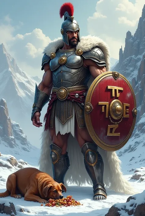 Ares god of war in the snow with his suit or shield written TFLE and his caramel dog eating roasted turkey shield written TFLE 