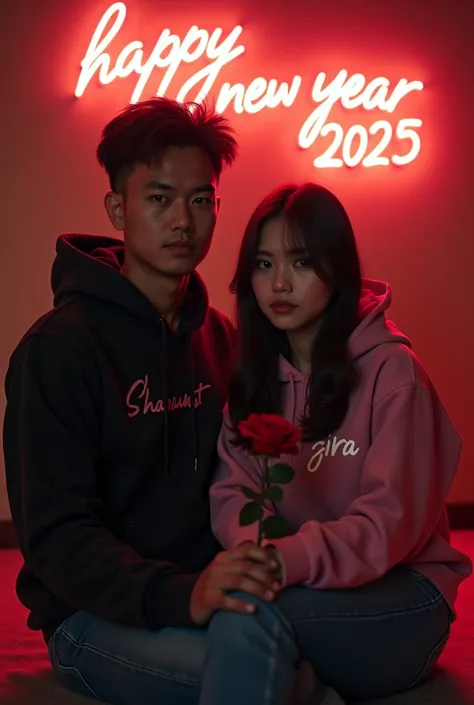 
A 4K ultra-high-definition, highly detailed realistic portrait featuring a man malay and a beautiful 30-year-old woman, both wearing hoodies. The camera is directly facing them, capturing an intimate and romantic atmosphere. The man’s hoodie has "Shanum" ...