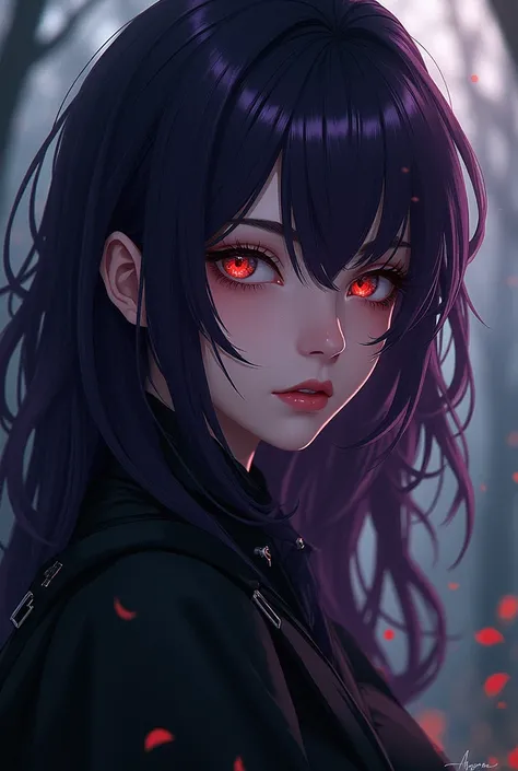  makes a character with the theme of the series “Arcane” ( that is his way of drawing ) dark-violet haired , seductive eyes. arcane style,  SAME WAY OF DRAWING, EQUAL LINES 