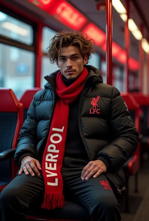  white man, young man 22 years old, Eclectic physique ,  wavy hair,  Wearing a black puffer jacket with the red Liverpool logo ,  red Liverpool scarf with white letters . He is inside a luxury red bus with black seats from Liverpool  , Sitting on a bench o...