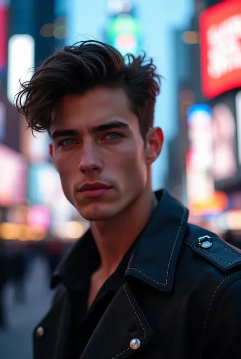 A beautiful guy, around 18 years old, beautiful body dark hair and blue eyes at times square