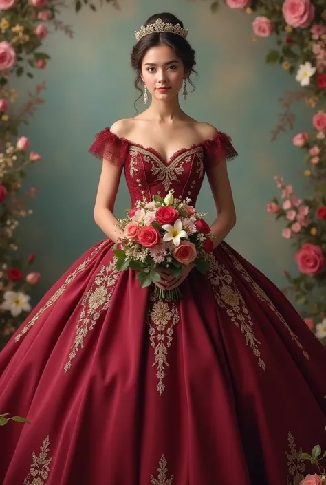 Victorian style quinceanera dress in cherry and gold,  she looks at the camera with a serene smile ,  in her hands she wears a beautiful bouquet of flowers  
