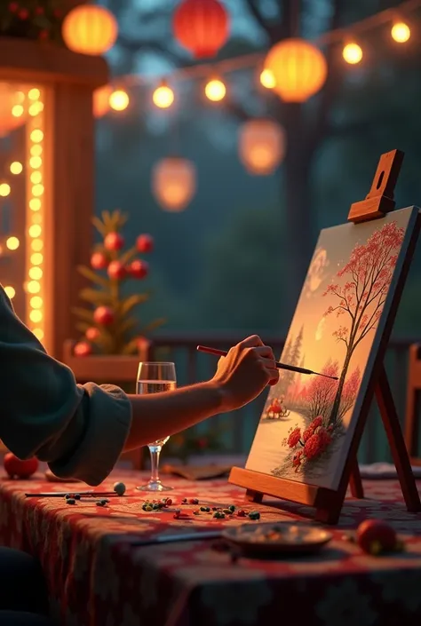 persons arm painting a painting, canvas on table, the table has a glass of wine, the atmosphere is night and has yellow Christmas lights, outdoors, there are paper lanterns, balloon of wishes, party, joy