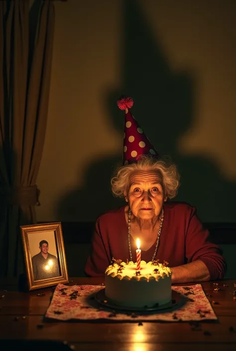 Develop a very dark indoor night scene captured in an ultra-realistic photography style. A grieving elderly American woman with a sad and lonely face sits at a dark wooden table full of cockroaches, illuminated by the dim, yellowish light of a single candl...