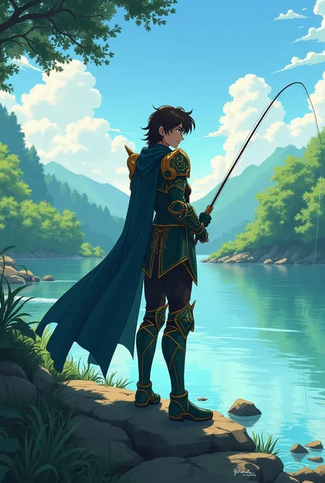 Aiolos from the anime Saint Seiya, a man with dark brown hair and green eyes fishing on the edge of a river, Anime style zodiac knights. 