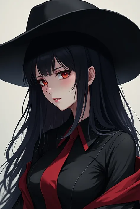 anime, girl with pale skin tone , very dark hair , long and luscious,  a large black hat and touches of red. 

 that her eyes are pointed to the ground and her eyes are closed