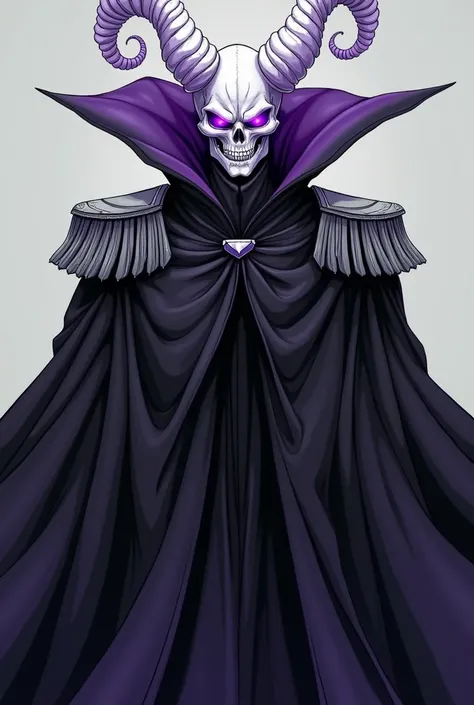 Create an image of a neo-romantic demon lord in full manga style, facing directly at the viewer, with no visible body, just an immense, flowing black cape with a subtle purple sheen. The cape covers the entirety of the figure, billowing outward in an impos...