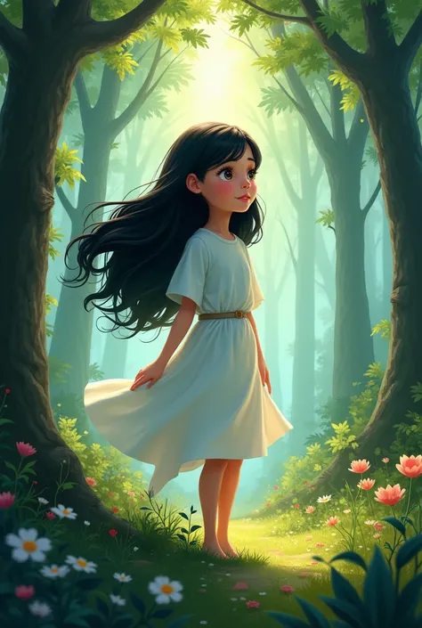 girl with black hair,  with a mole on the nose,  Disney style, magic forest,   wearing medical gown 
