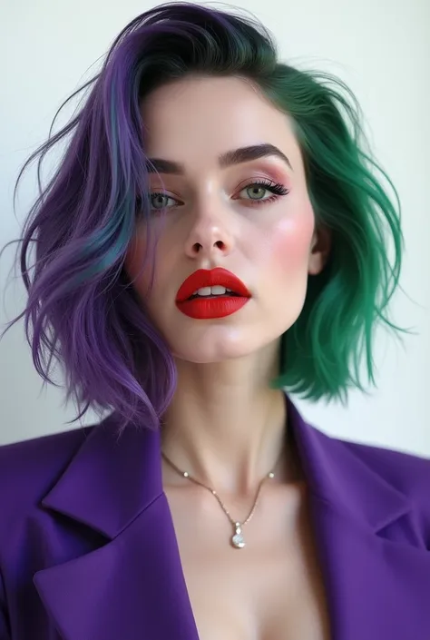 Beautiful female bright solid white skin, red joker lips, raised cheeks, green and purple ombré hairstyle, small crop purple suit jacket