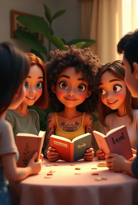  best quality )), ((  masterpiece )), (detailed) Pixar style, 6 happy friends at the book club drinking coffee,  one with big eyes curly dark brown hair at shoulder height , light brown skin,  with black flower tattoos all over her arms holding a book,  on...