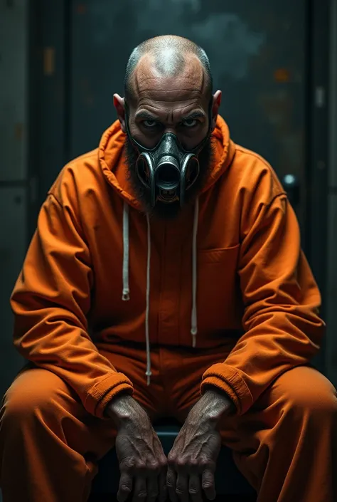 A terrifying prisoner, dressed in orange with a muzzle over his mouth. 