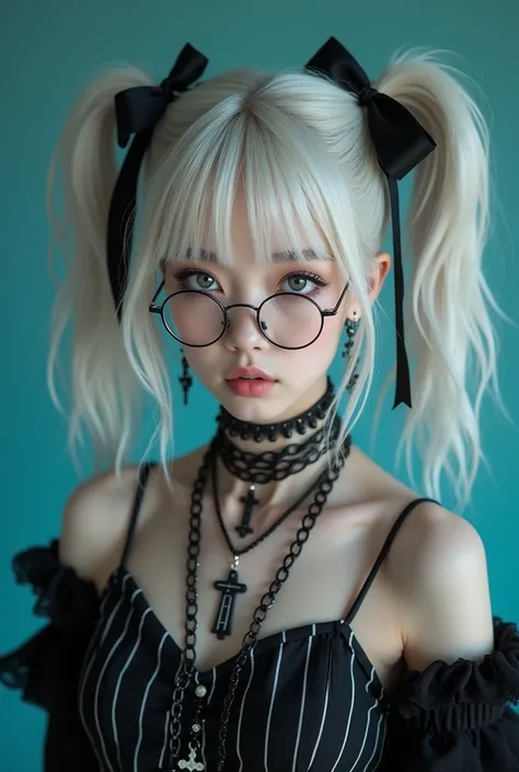  photograph a beautiful Japanese girl in ultra-realistic live action 。彼女は白髪に近いシルバーブロンドのツインテールin、 The hair is studded with black ribbons and unique accessories 。ツインテールは左右対称in高い位置に結ばれ、 further emphasizes the gothic elements 。 and 、その瞳はグレーがかった色in、 。

, and he...