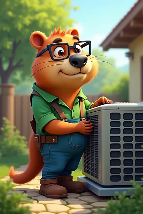 Capybara wearing square glasses with green shirt and blue pants and boot doing air conditioning maintenance 