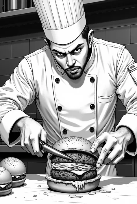 Draw me story of a chef making a burger focus on showing the burger more and draw it in black and white manga style . Exactly this picture but this chef cutting the burger in half