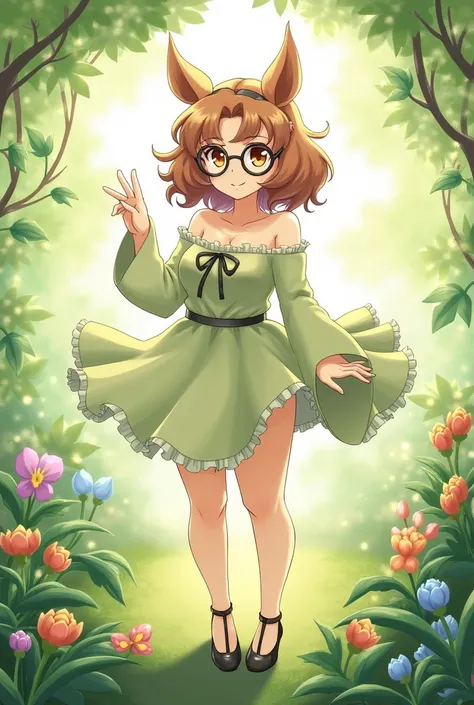 Make pictures for me:  Shuumatsu no Valkyrie, a goddess who loves nature and is very loving.,
She is short she has 1 , 50 tall has a slightly chubby body that values her breasts and thighs mainly,  she wears glasses has medium and curly hair and looks like...