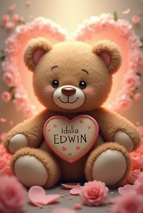  A teddy bear with a , with the letters Idalia and Edwin ,  label with roses around it and a heart in the background 