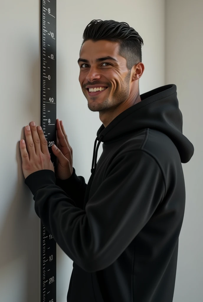 an image of Cristiano Ronaldo Alegre measuring himself in a unicolor black Hoddie
