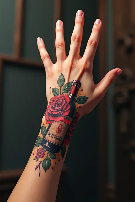 Please make me a picture of a hand with a tattoo on the arm and in the tattoo you see a rose and a bottle of wine