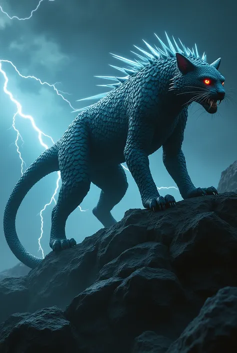  Generate an impressive illustration of a hybrid monster between a cat and a pangolin ,  with a live-action visual style and hyperrealistic textures .  The creature must have a muscular and agile body like that of a big cat ,  but covered with thick y glow...